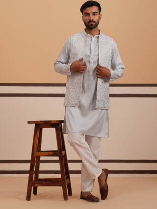 Blue Embroidered Nehru Jacket & Kurta Pyjama Set