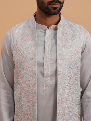 Blue Embroidered Nehru Jacket & Kurta Pyjama Set