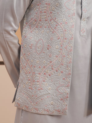 Blue Embroidered Nehru Jacket & Kurta Pyjama Set