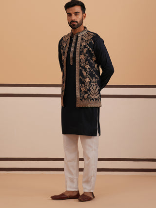 Black Threadwork Nehru Jacket with Kurta Pyjama