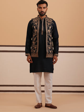 Black Threadwork Nehru Jacket with Kurta Pyjama
