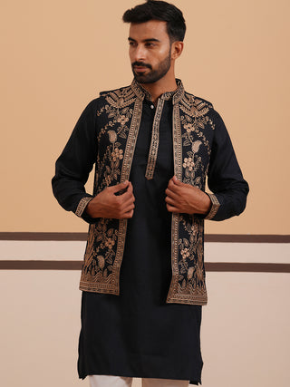 Black Threadwork Nehru Jacket with Kurta Pyjama