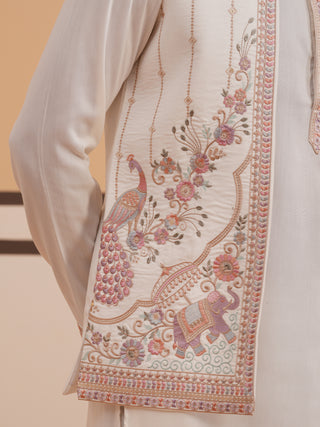 Ivory Embroidered Nehru Jacket Kurta Set for men
