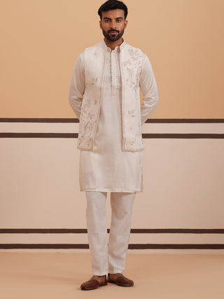 Ivory Embroidered Nehru Jacket Kurta Set for men