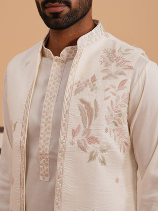 Ivory Embroidered Nehru Jacket Kurta Set for men