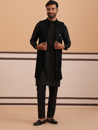 Black Embroidered Long Shrug with Kurta Pyjama Set