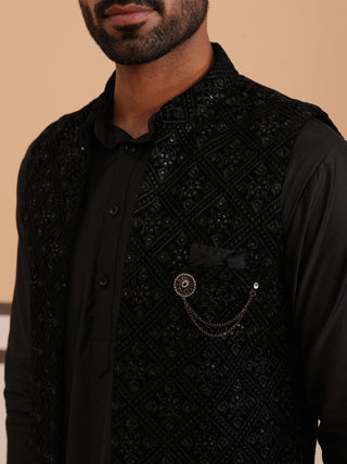 Black Embroidered Long Shrug with Kurta Pyjama Set