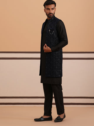 Navy Blue Embroidered Long Shrug with Kurta Pyjama Set