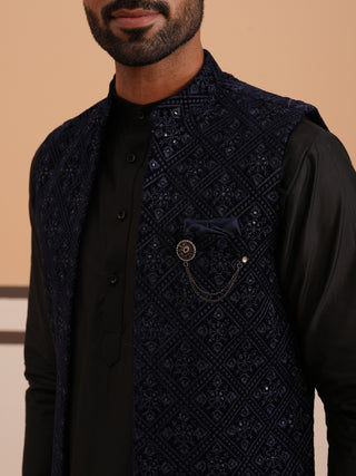 Navy Blue Embroidered Long Shrug with Kurta Pyjama Set