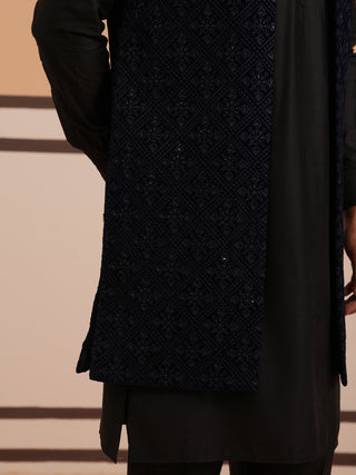 Navy Blue Embroidered Long Shrug with Kurta Pyjama Set