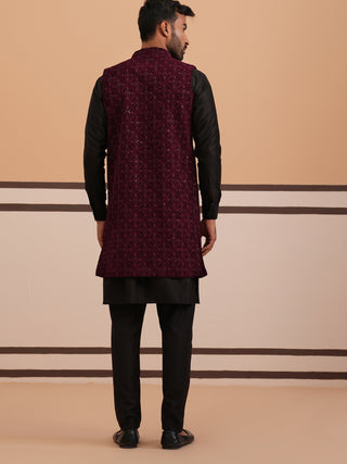 Purple Embroidered Long Shrug with Kurta Pyjama Set