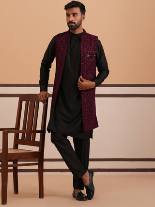 Purple Embroidered Long Shrug with Kurta Pyjama Set