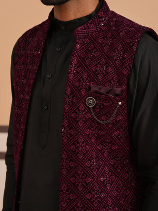 Purple Embroidered Long Shrug with Kurta Pyjama Set