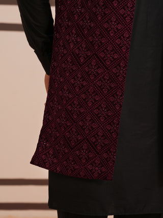 Purple Embroidered Long Shrug with Kurta Pyjama Set