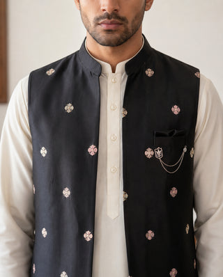 Embroidered Nehru Jacket with Kurta Pyjama Set