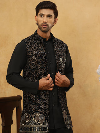 Men Solid Kurta Pyjama with Velvet Waistcoat