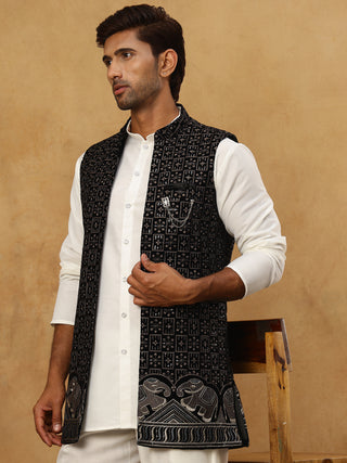 Men Solid Kurta Pyjama with Velvet Waistcoat