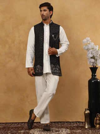 Men Solid Kurta Pyjama with Velvet Waistcoat