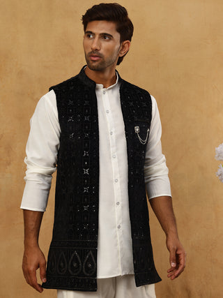 Men Solid Kurta Set with Velvet Embroidered Waistcoat