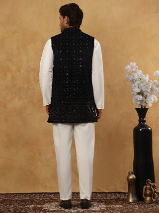 Men Solid Kurta Set with Velvet Embroidered Waistcoat