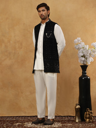 Men Solid Kurta Set with Velvet Embroidered Waistcoat