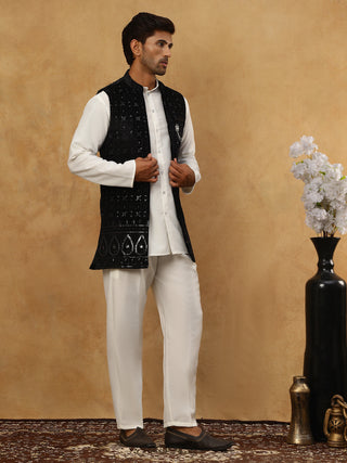 Men Solid Kurta Set with Velvet Embroidered Waistcoat