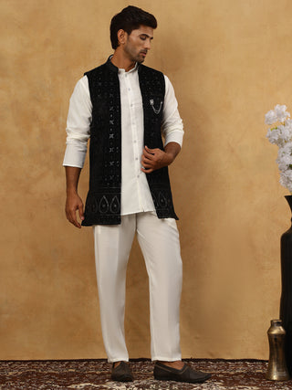 Men Solid Kurta Set with Velvet Embroidered Waistcoat