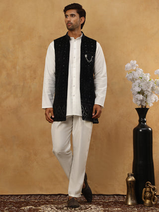 Men Solid Kurta Set with Velvet Embroidered Waistcoat