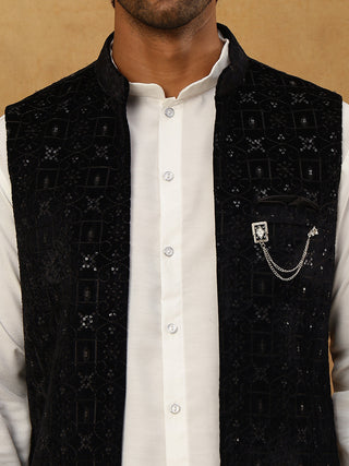 Men Solid Kurta Set with Velvet Embroidered Waistcoat