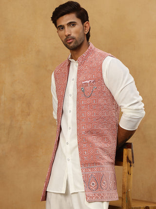 Men Solid Kurta Set with Velvet Embroidered Waistcoat