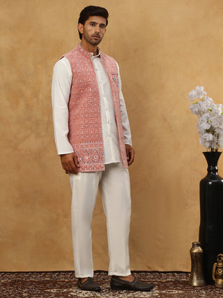 Men Solid Kurta Set with Velvet Embroidered Waistcoat