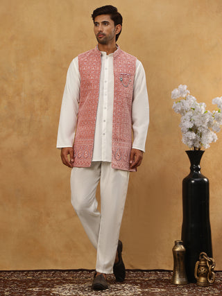 Men Solid Kurta Set with Velvet Embroidered Waistcoat