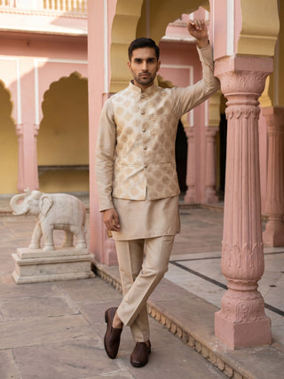 Printed Silk Blend Kurta Pyjama & Nehru Jacket Set
