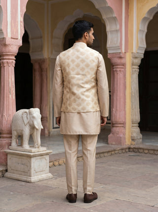 Printed Silk Blend Kurta Pyjama & Nehru Jacket Set