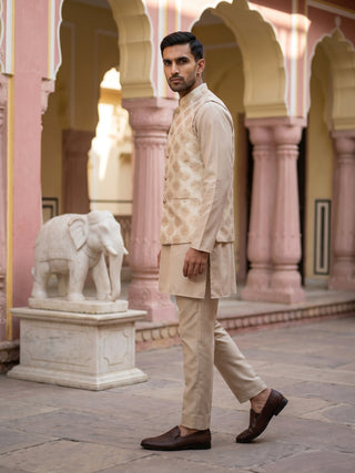 Printed Silk Blend Kurta Pyjama & Nehru Jacket Set