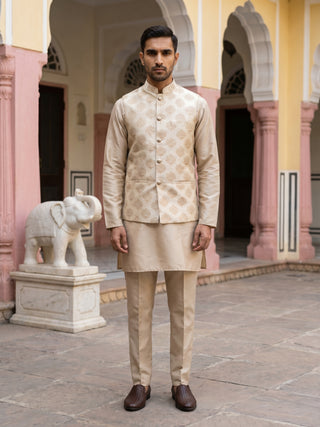 Printed Silk Blend Kurta Pyjama & Nehru Jacket Set