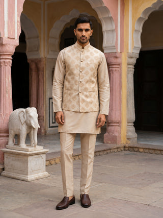 Printed Silk Blend Kurta Pyjama & Nehru Jacket Set