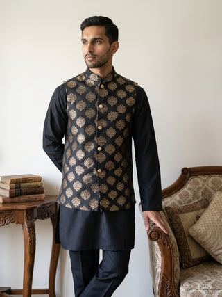 Printed Silk Blend Kurta Pyjama & Nehru Jacket Set