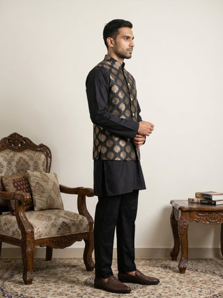 Printed Silk Blend Kurta Pyjama & Nehru Jacket Set
