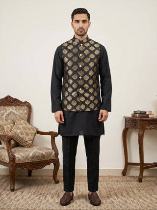 Printed Silk Blend Kurta Pyjama & Nehru Jacket Set