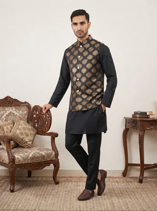 Printed Silk Blend Kurta Pyjama & Nehru Jacket Set