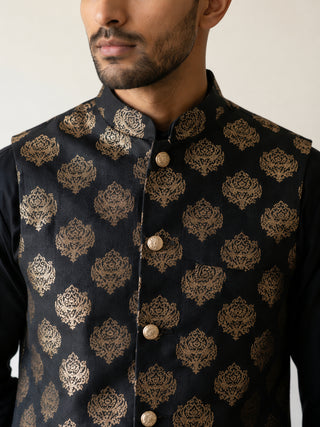 Printed Silk Blend Kurta Pyjama & Nehru Jacket Set