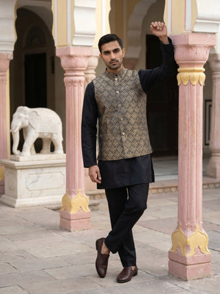 Woven Design Ethnic Nehru Jacket with Kurta Pyjama Set