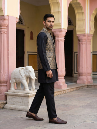 Woven Design Ethnic Nehru Jacket with Kurta Pyjama Set