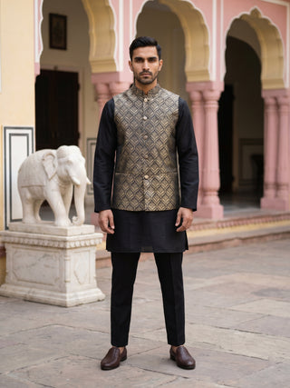 Woven Design Ethnic Nehru Jacket with Kurta Pyjama Set