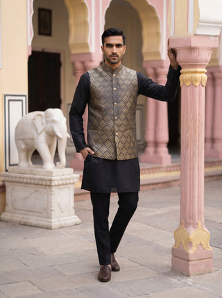 Woven Design Ethnic Nehru Jacket with Kurta Pyjama Set