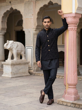Men Embroidered Velvet Nehru Jacket Kurta Pyjama Set