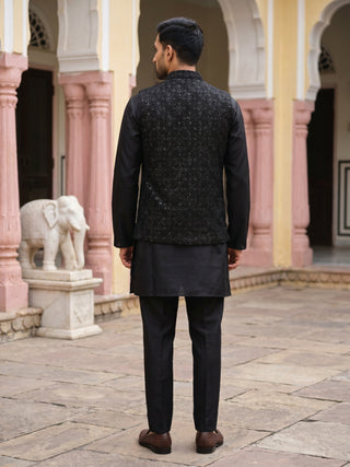 Men Embroidered Velvet Nehru Jacket Kurta Pyjama Set