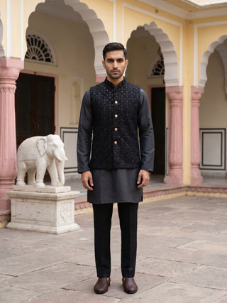 Men Embroidered Velvet Nehru Jacket Kurta Pyjama Set