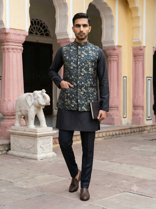 Men's Embossed Designer Nehru Jacket Kurta Pyjama Set